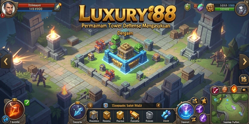 Screenshot gameplay LUXURY88 menampilkan menara yang berfungsi di medan pertempuran.