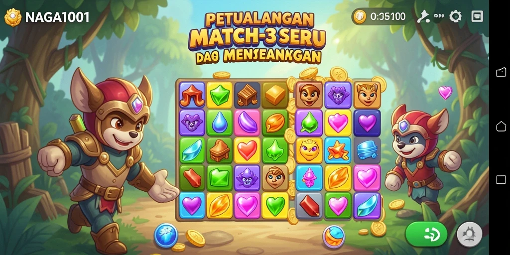Screenshot gameplay NAGA1001 menampilkan aksi seru mencocokkan permata.