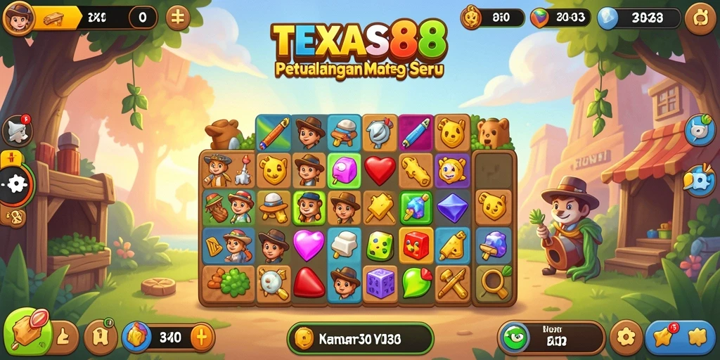 Screenshot gameplay TEXAS88 dengan pencocokan biji Match-3 yang menarik.