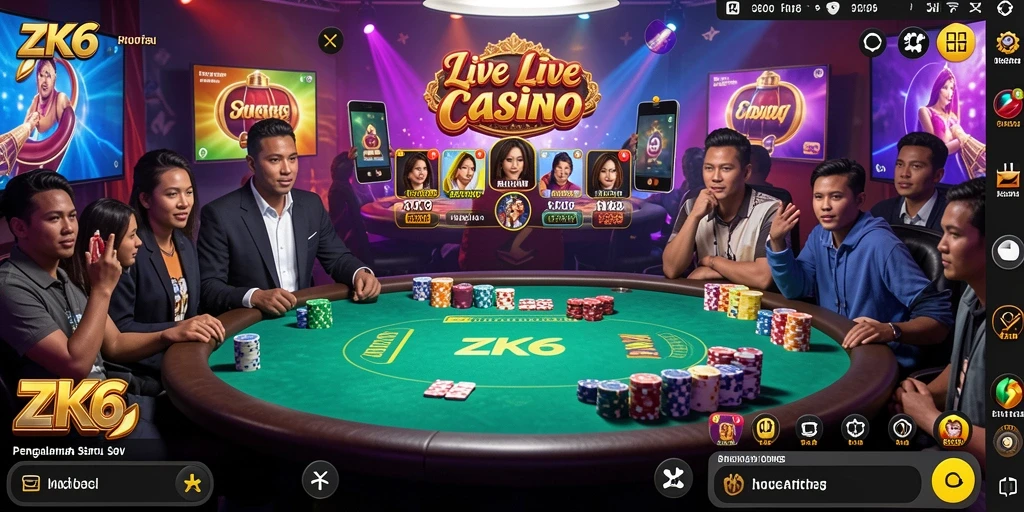 Screenshot gameplay ZK6 yang menampilkan dealer Live Casino.